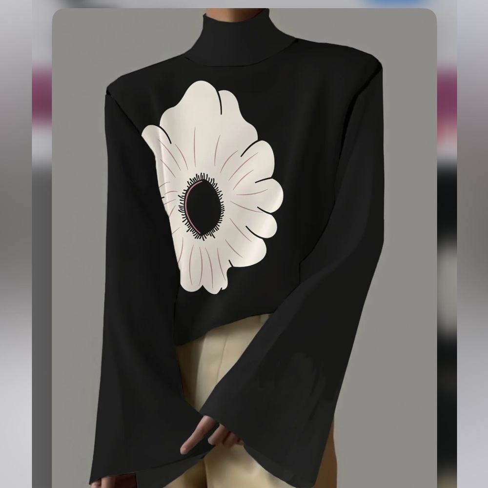 STYLEWE Long-Sleeve Top with Floral Graphic - Black / Cream